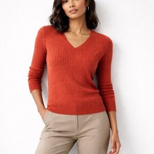 Marina Luna Women Orange 100% Cashmere 2-Ply Cable Knit Sweater M Preppy Classic